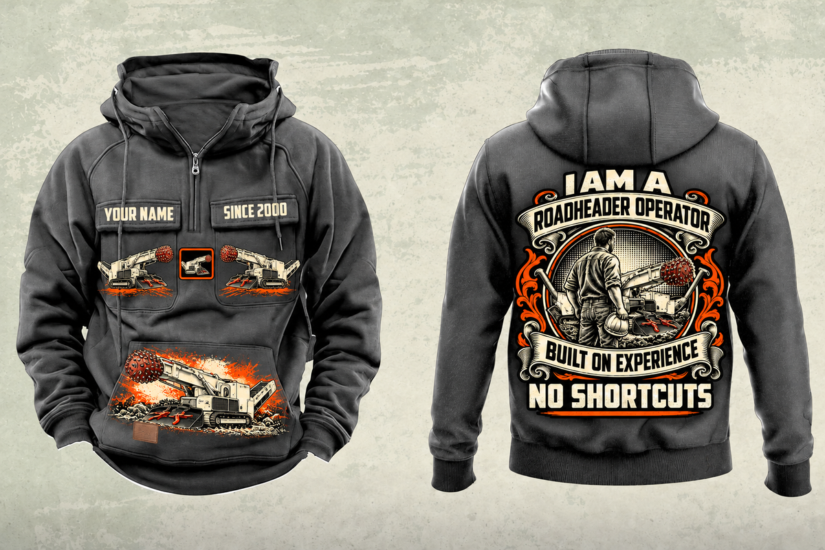 Personalized AQM 150 Roadheader Operator Vintage Hoodie in dark-gray, front and back artwork with YOUR NAME and SINCE 2000 sample text.