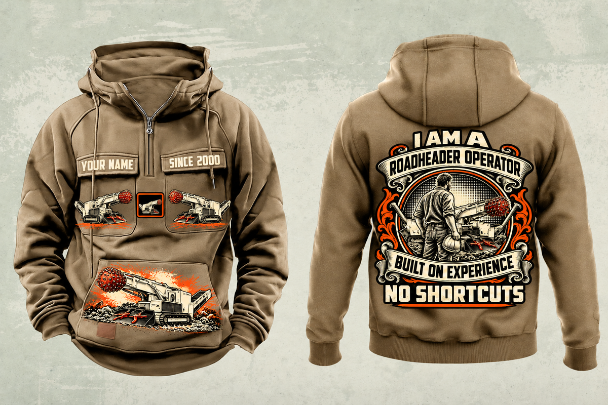 Personalized AQM 150 Roadheader Operator Vintage Hoodie in kaki, front and back artwork with YOUR NAME and SINCE 2000 sample text.