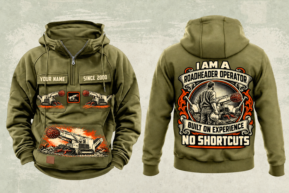 Personalized AQM 150 Roadheader Operator Vintage Hoodie in military-green, front and back artwork with YOUR NAME and SINCE 2000 sample text.