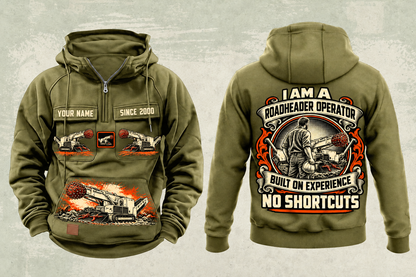 Personalized AQM 150 Roadheader Operator Vintage Hoodie in military-green, front and back artwork with YOUR NAME and SINCE 2000 sample text.