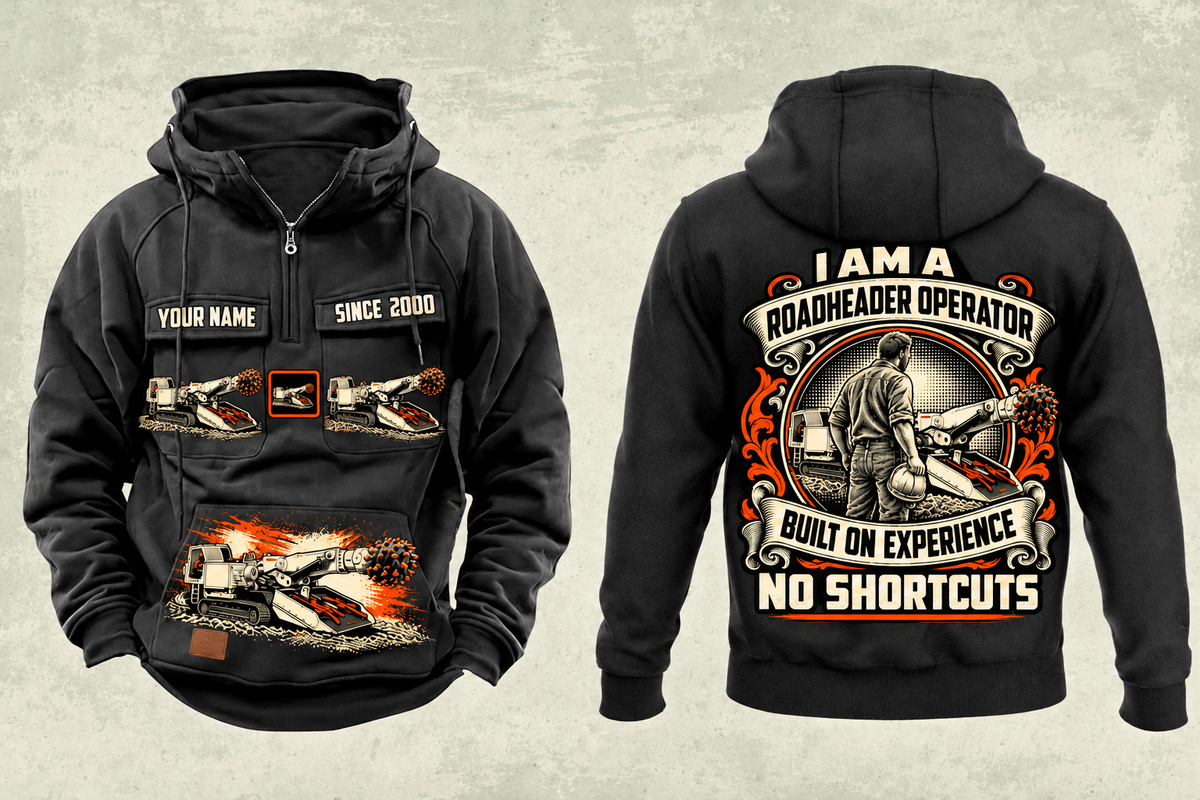 Personalized AQM 200 Roadheader Operator Vintage Hoodie in black, front and back artwork with YOUR NAME and SINCE 2000 sample text.