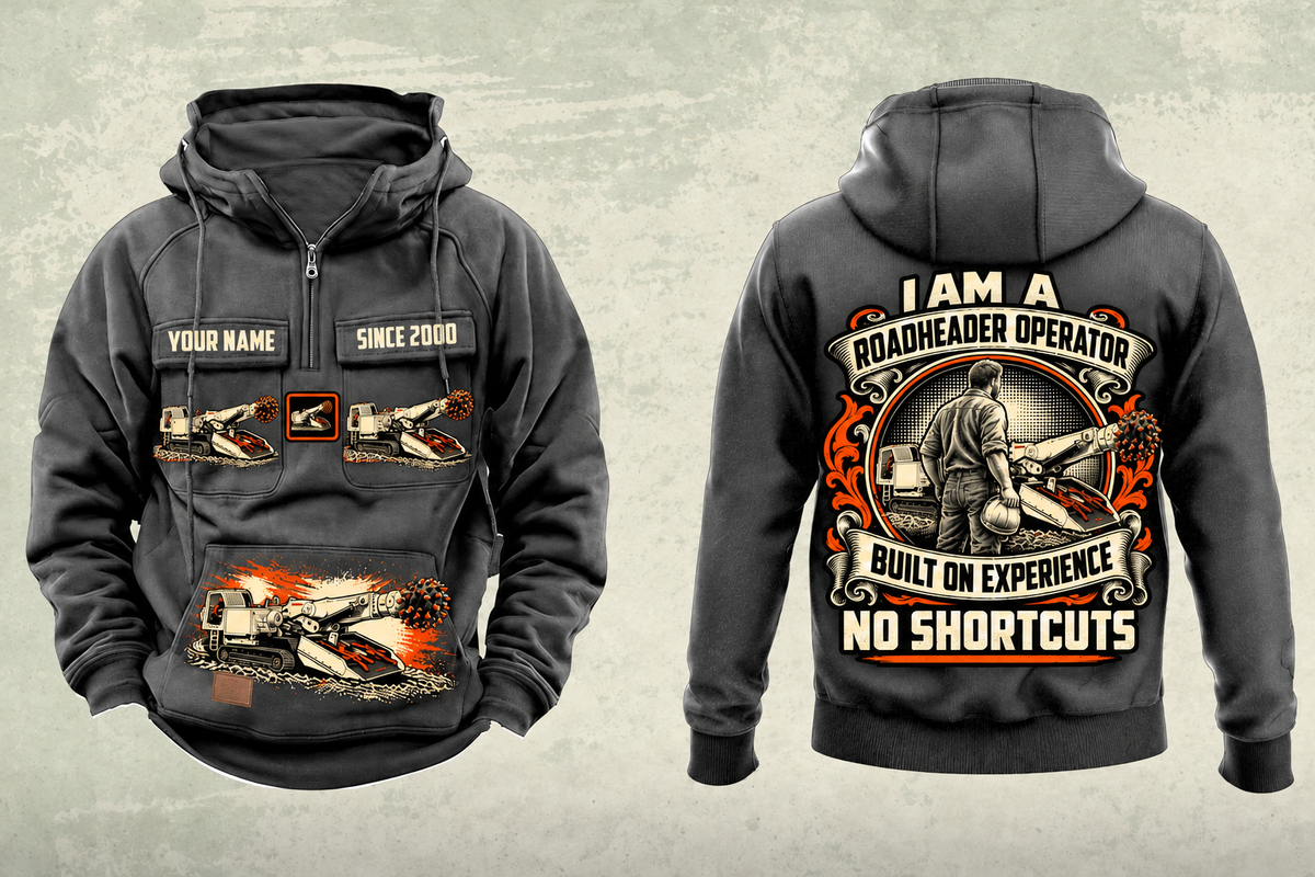 Personalized AQM 200 Roadheader Operator Vintage Hoodie in dark-gray, front and back artwork with YOUR NAME and SINCE 2000 sample text.
