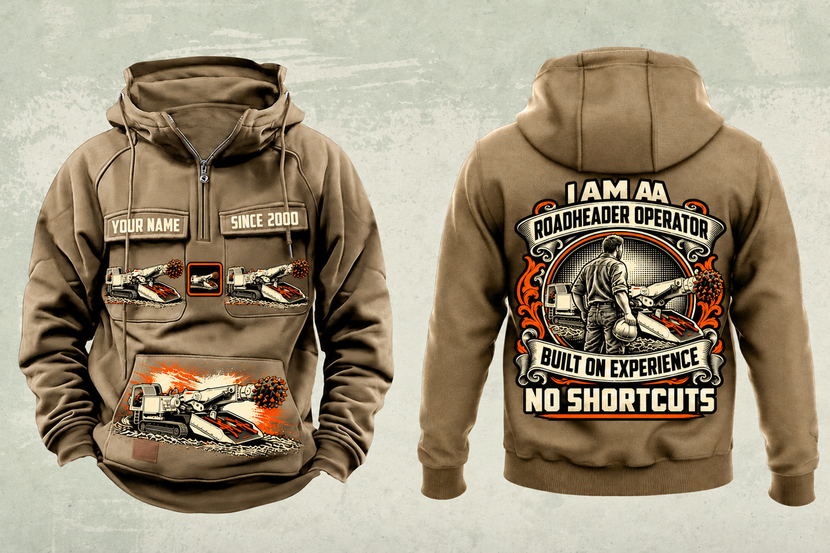 Personalized AQM 200 Roadheader Operator Vintage Hoodie in kaki, front and back artwork with YOUR NAME and SINCE 2000 sample text.