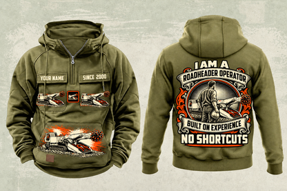 Personalized AQM 200 Roadheader Operator Vintage Hoodie in military-green, front and back artwork with YOUR NAME and SINCE 2000 sample text.