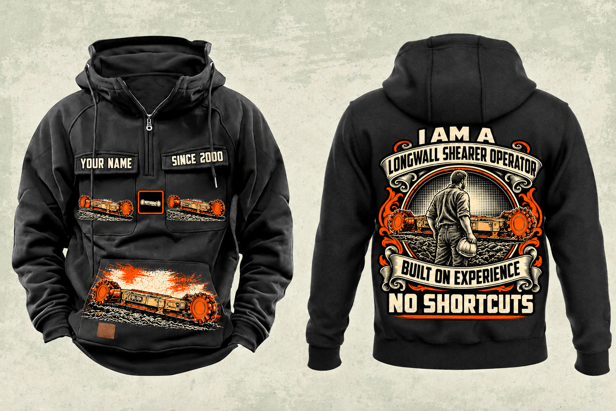 Personalized 7LS1D Longwall Shearer Operator Vintage Hoodie in black, front and back artwork with YOUR NAME and SINCE 2000 sample text.