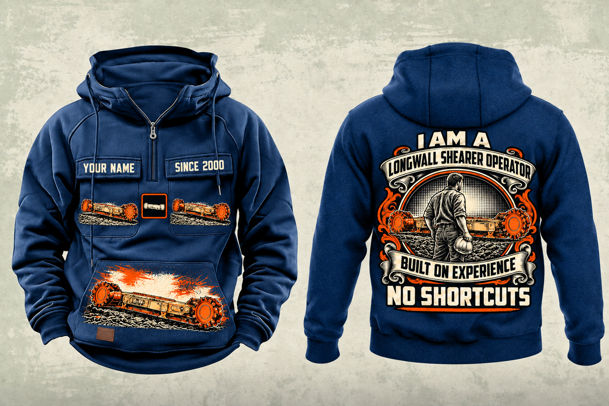 Personalized 7LS1D Longwall Shearer Operator Vintage Hoodie in dark-blue, front and back artwork with YOUR NAME and SINCE 2000 sample text.