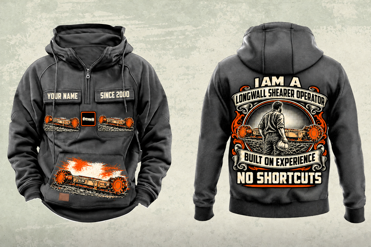 Personalized 7LS1D Longwall Shearer Operator Vintage Hoodie in dark-gray, front and back artwork with YOUR NAME and SINCE 2000 sample text.