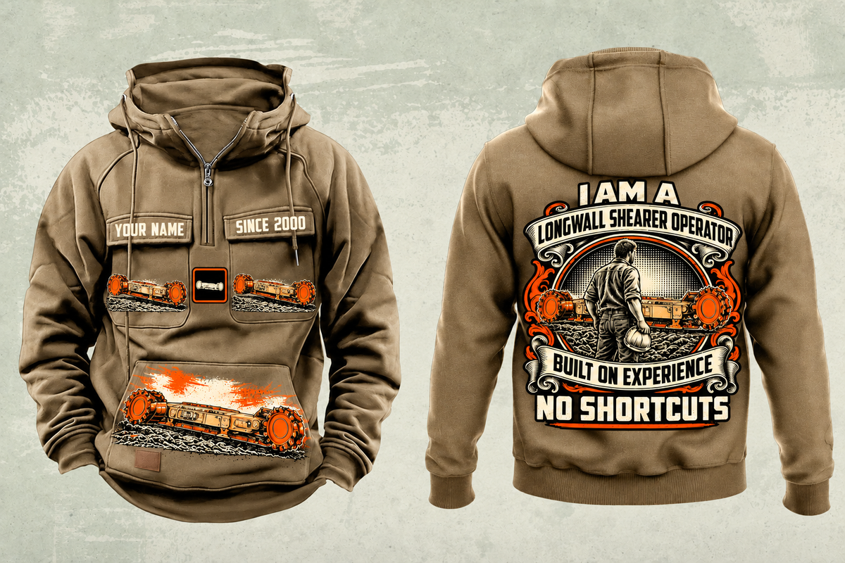 Personalized 7LS1D Longwall Shearer Operator Vintage Hoodie in kaki, front and back artwork with YOUR NAME and SINCE 2000 sample text.