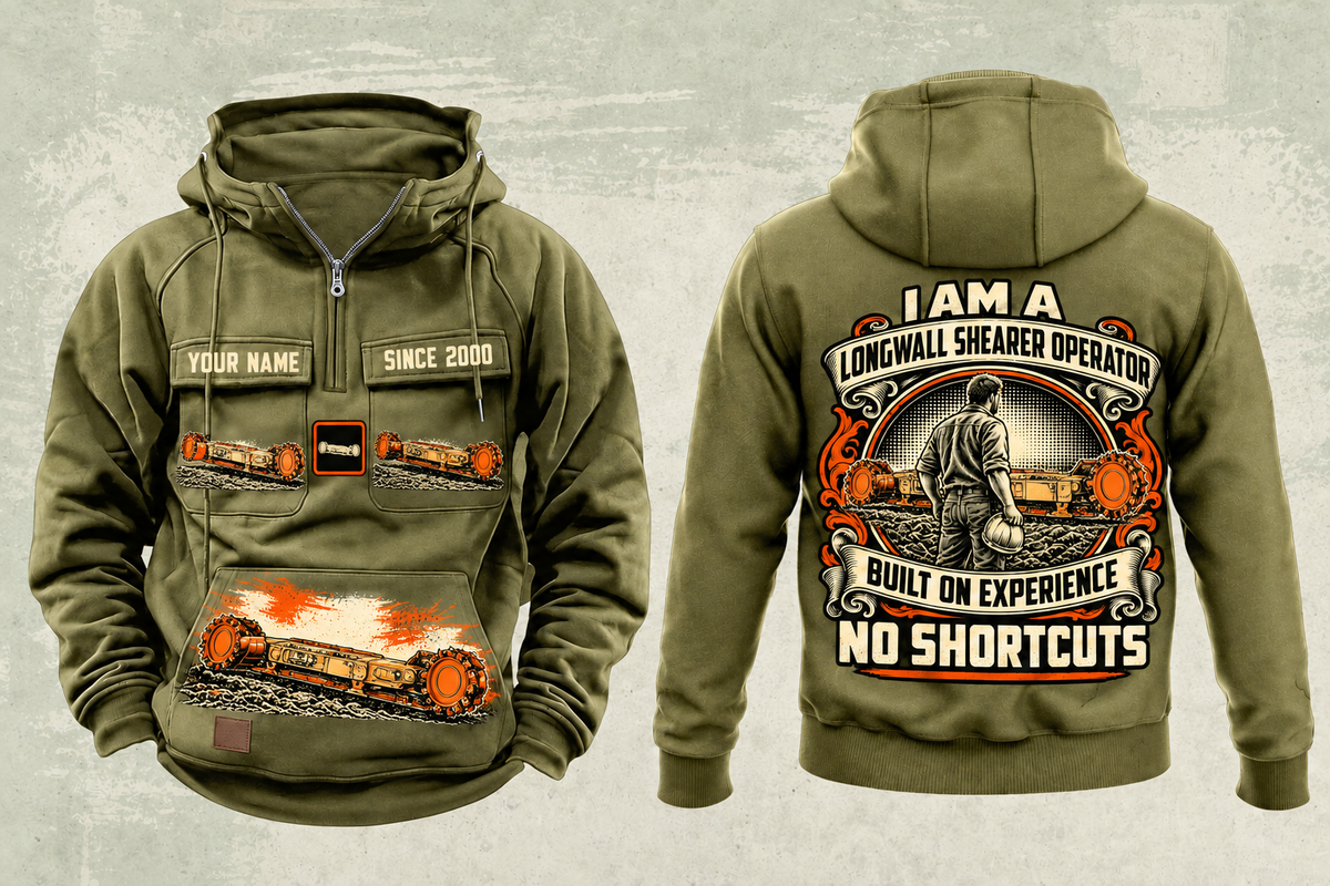 Personalized 7LS1D Longwall Shearer Operator Vintage Hoodie in military-green, front and back artwork with YOUR NAME and SINCE 2000 sample text.