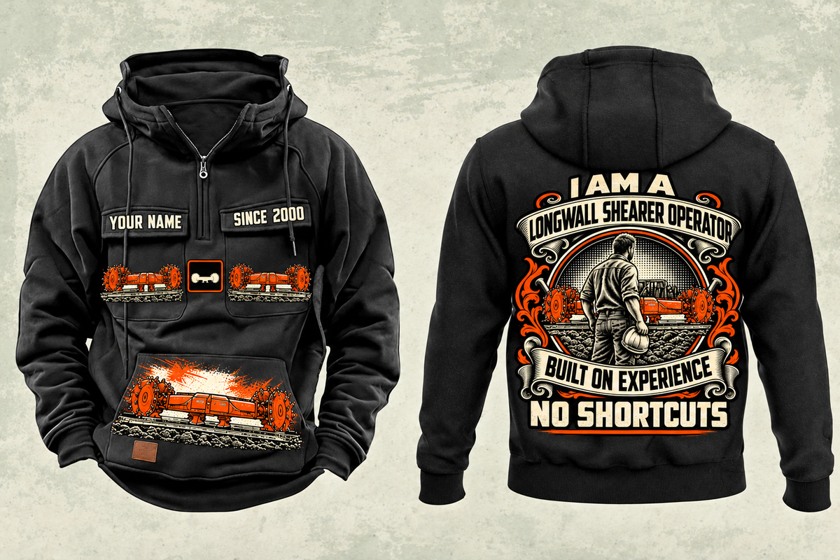Personalized 7LS2A Longwall Shearer Operator Vintage Hoodie in black, front and back artwork with YOUR NAME and SINCE 2000 sample text.