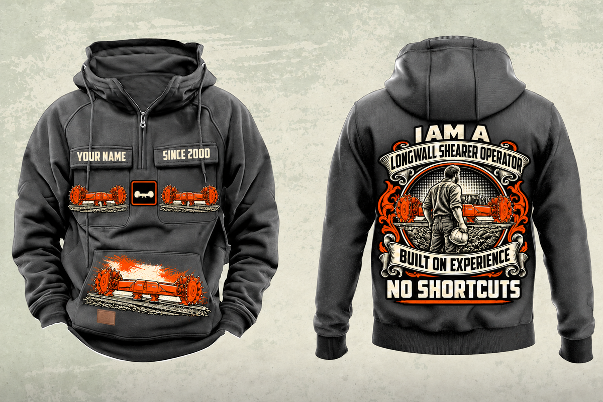 Personalized 7LS2A Longwall Shearer Operator Vintage Hoodie in dark-gray, front and back artwork with YOUR NAME and SINCE 2000 sample text.
