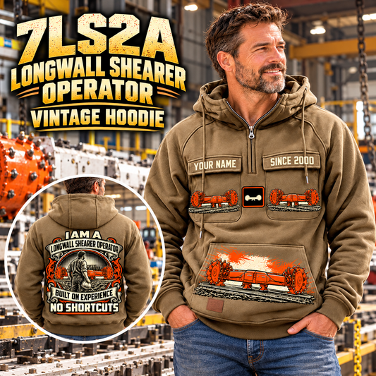Personalized 7LS2A Longwall Shearer Operator Vintage Hoodie in Kaki, front and back artwork with YOUR NAME and SINCE 2000 sample text.