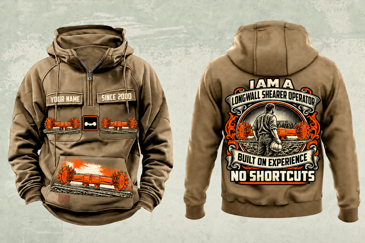 Personalized 7LS2A Longwall Shearer Operator Vintage Hoodie in kaki, front and back artwork with YOUR NAME and SINCE 2000 sample text.