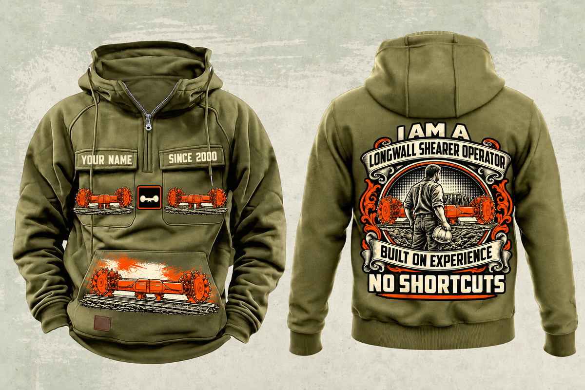 Personalized 7LS2A Longwall Shearer Operator Vintage Hoodie in military-green, front and back artwork with YOUR NAME and SINCE 2000 sample text.