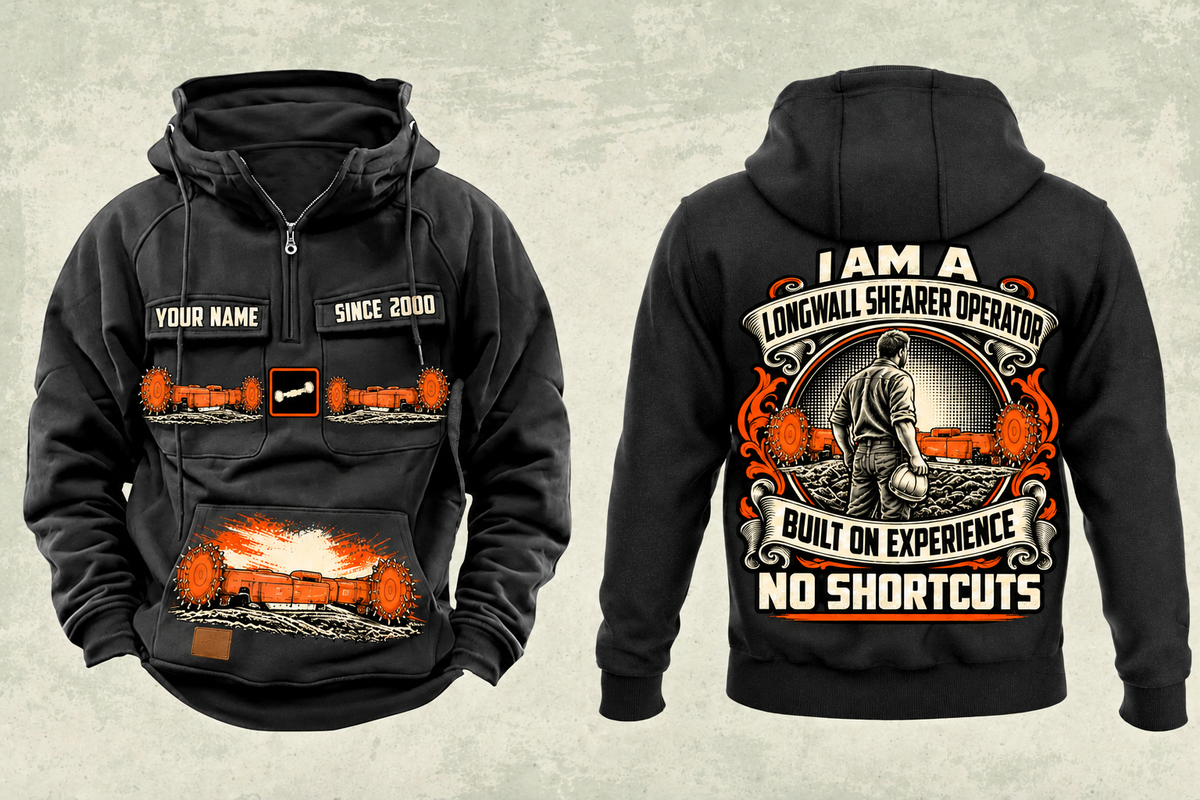 Personalized 7LS5 Longwall Shearer Operator Vintage Hoodie in black, front and back artwork with YOUR NAME and SINCE 2000 sample text.