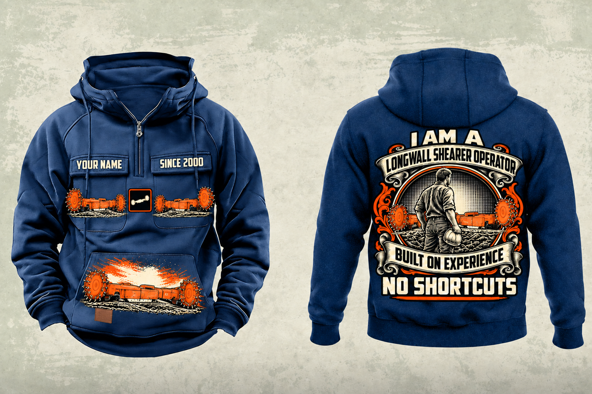 Personalized 7LS5 Longwall Shearer Operator Vintage Hoodie in dark-blue, front and back artwork with YOUR NAME and SINCE 2000 sample text.