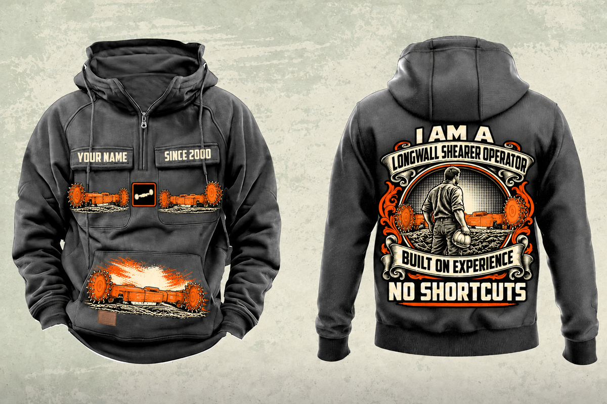 Personalized 7LS5 Longwall Shearer Operator Vintage Hoodie in dark-gray, front and back artwork with YOUR NAME and SINCE 2000 sample text.