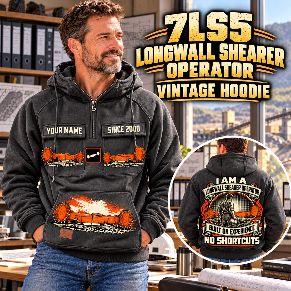 Personalized 7LS5 Longwall Shearer Operator Vintage Hoodie in Dark Gray, front and back artwork with YOUR NAME and SINCE 2000 sample text.