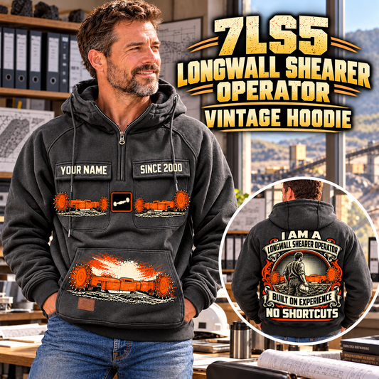 Personalized 7LS5 Longwall Shearer Operator Vintage Hoodie in Dark Gray, front and back artwork with YOUR NAME and SINCE 2000 sample text.