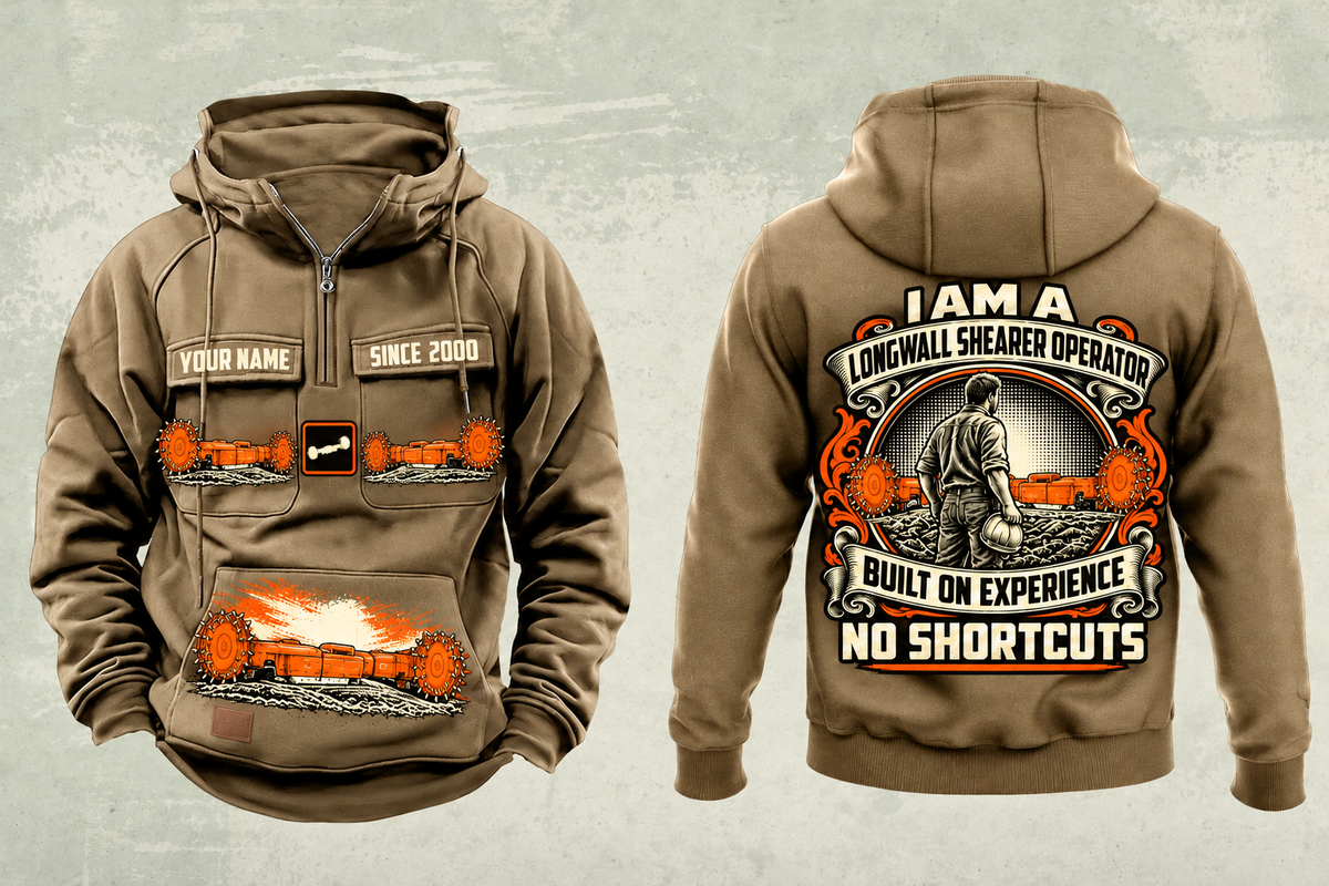 Personalized 7LS5 Longwall Shearer Operator Vintage Hoodie in kaki, front and back artwork with YOUR NAME and SINCE 2000 sample text.