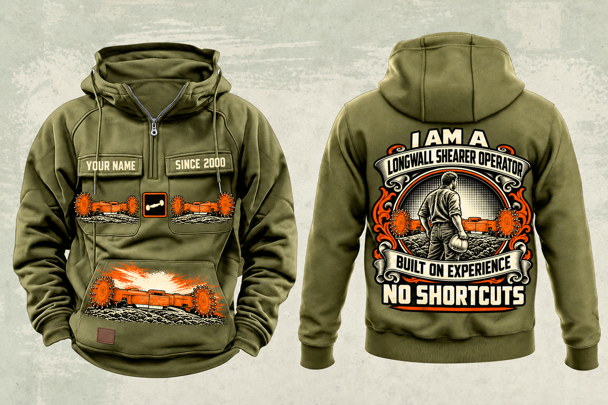 Personalized 7LS5 Longwall Shearer Operator Vintage Hoodie in military-green, front and back artwork with YOUR NAME and SINCE 2000 sample text.