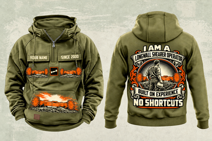 Personalized 7LS5 Longwall Shearer Operator Vintage Hoodie in military-green, front and back artwork with YOUR NAME and SINCE 2000 sample text.