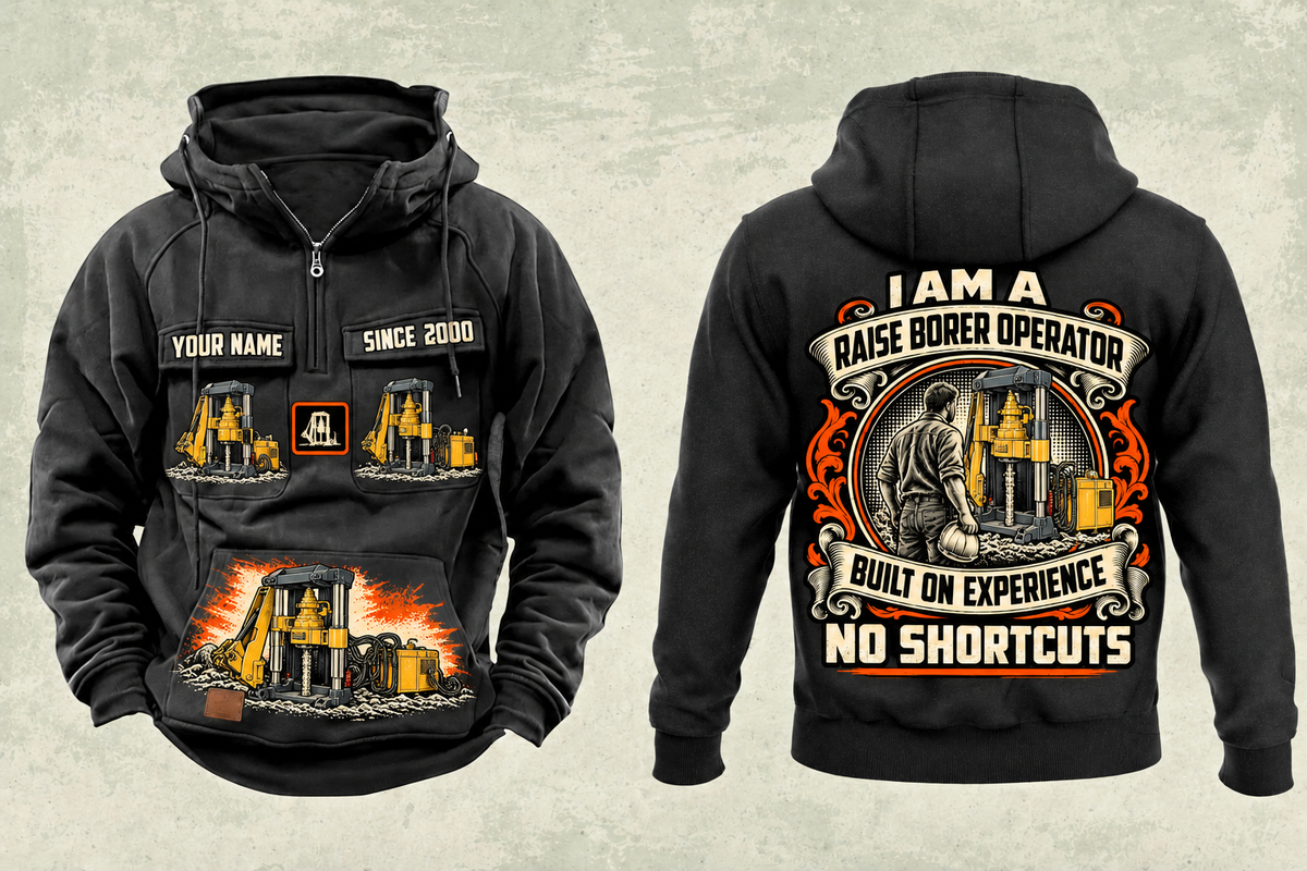 Personalized Robbins 34RH Raise Borer Operator Vintage Hoodie in black, front and back artwork with YOUR NAME and SINCE 2000 sample text.