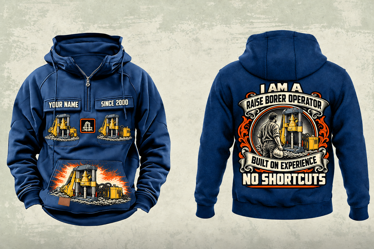 Personalized Robbins 34RH Raise Borer Operator Vintage Hoodie in dark-blue, front and back artwork with YOUR NAME and SINCE 2000 sample text.