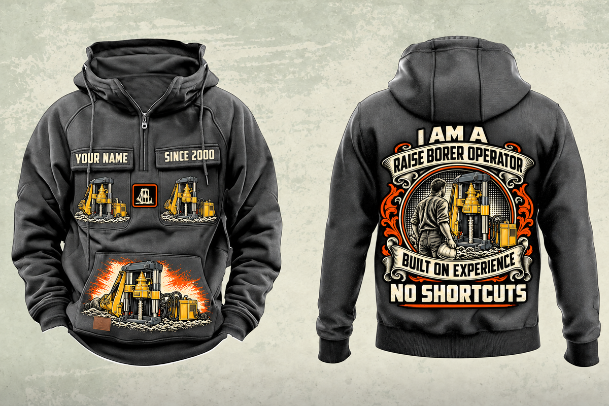 Personalized Robbins 34RH Raise Borer Operator Vintage Hoodie in dark-gray, front and back artwork with YOUR NAME and SINCE 2000 sample text.