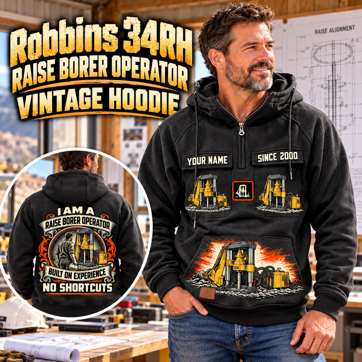 Personalized Robbins 34RH Raise Borer Operator Vintage Hoodie in Black, front and back artwork with YOUR NAME and SINCE 2000 sample text.