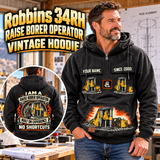 Personalized Robbins 34RH Raise Borer Operator Vintage Hoodie in Black, front and back artwork with YOUR NAME and SINCE 2000 sample text.