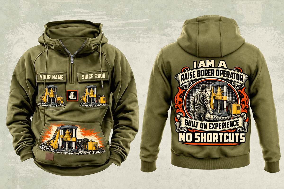 Personalized Robbins 34RH Raise Borer Operator Vintage Hoodie in military-green, front and back artwork with YOUR NAME and SINCE 2000 sample text.