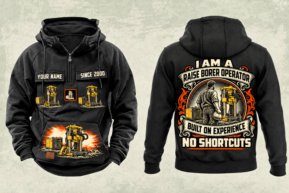 Personalized Robbins 44RH Raise Borer Operator Vintage Hoodie in black, front and back artwork with YOUR NAME and SINCE 2000 sample text.