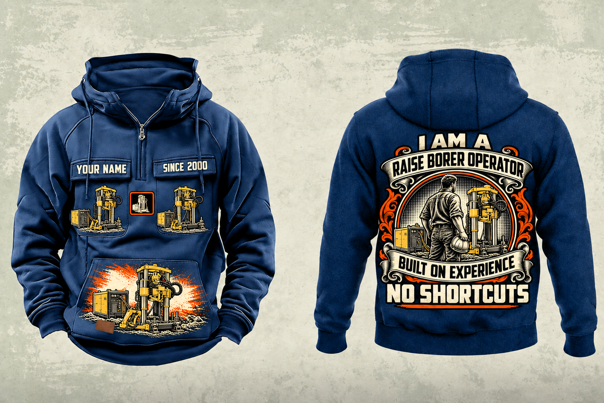 Personalized Robbins 44RH Raise Borer Operator Vintage Hoodie in dark-blue, front and back artwork with YOUR NAME and SINCE 2000 sample text.