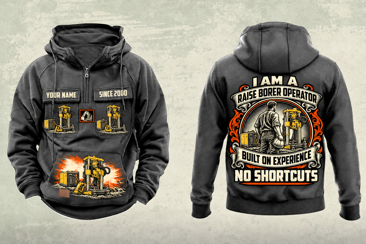 Personalized Robbins 44RH Raise Borer Operator Vintage Hoodie in dark-gray, front and back artwork with YOUR NAME and SINCE 2000 sample text.