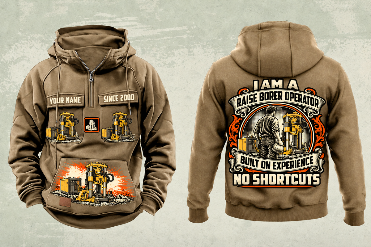 Personalized Robbins 44RH Raise Borer Operator Vintage Hoodie in kaki, front and back artwork with YOUR NAME and SINCE 2000 sample text.