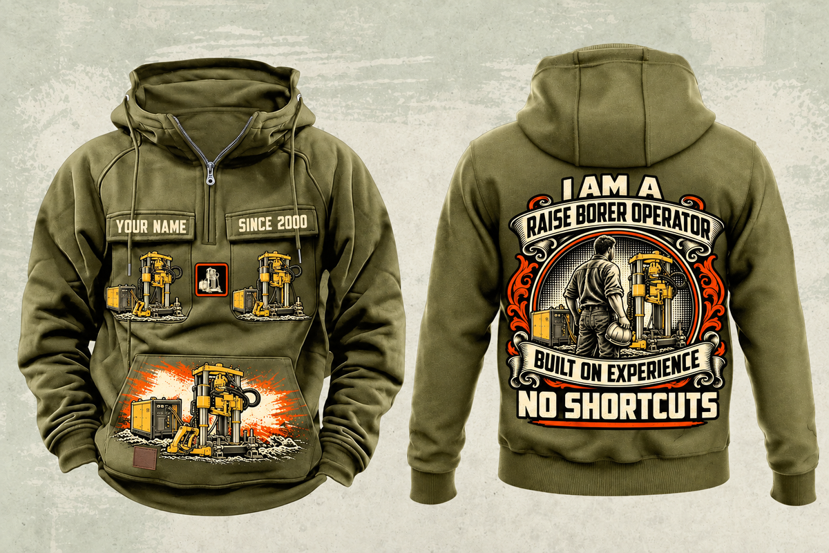 Personalized Robbins 44RH Raise Borer Operator Vintage Hoodie in military-green, front and back artwork with YOUR NAME and SINCE 2000 sample text.