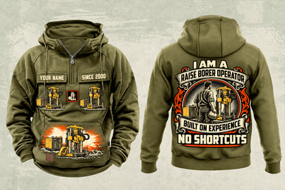 Personalized Robbins 44RH Raise Borer Operator Vintage Hoodie in military-green, front and back artwork with YOUR NAME and SINCE 2000 sample text.
