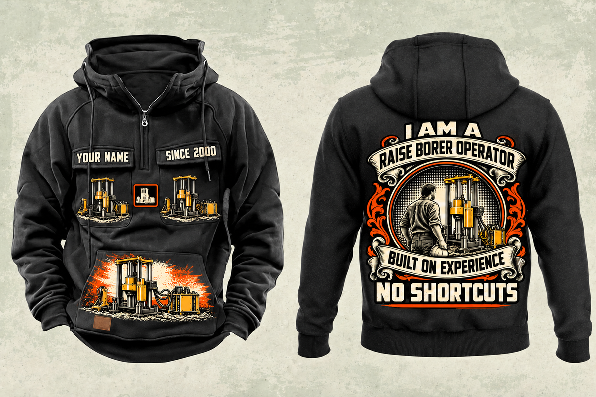 Personalized Robbins 53RH Raise Borer Operator Vintage Hoodie in black, front and back artwork with YOUR NAME and SINCE 2000 sample text.