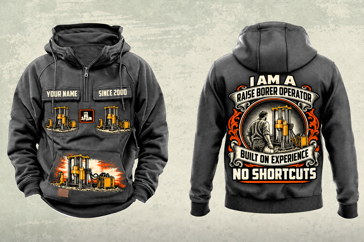 Personalized Robbins 53RH Raise Borer Operator Vintage Hoodie in dark-gray, front and back artwork with YOUR NAME and SINCE 2000 sample text.