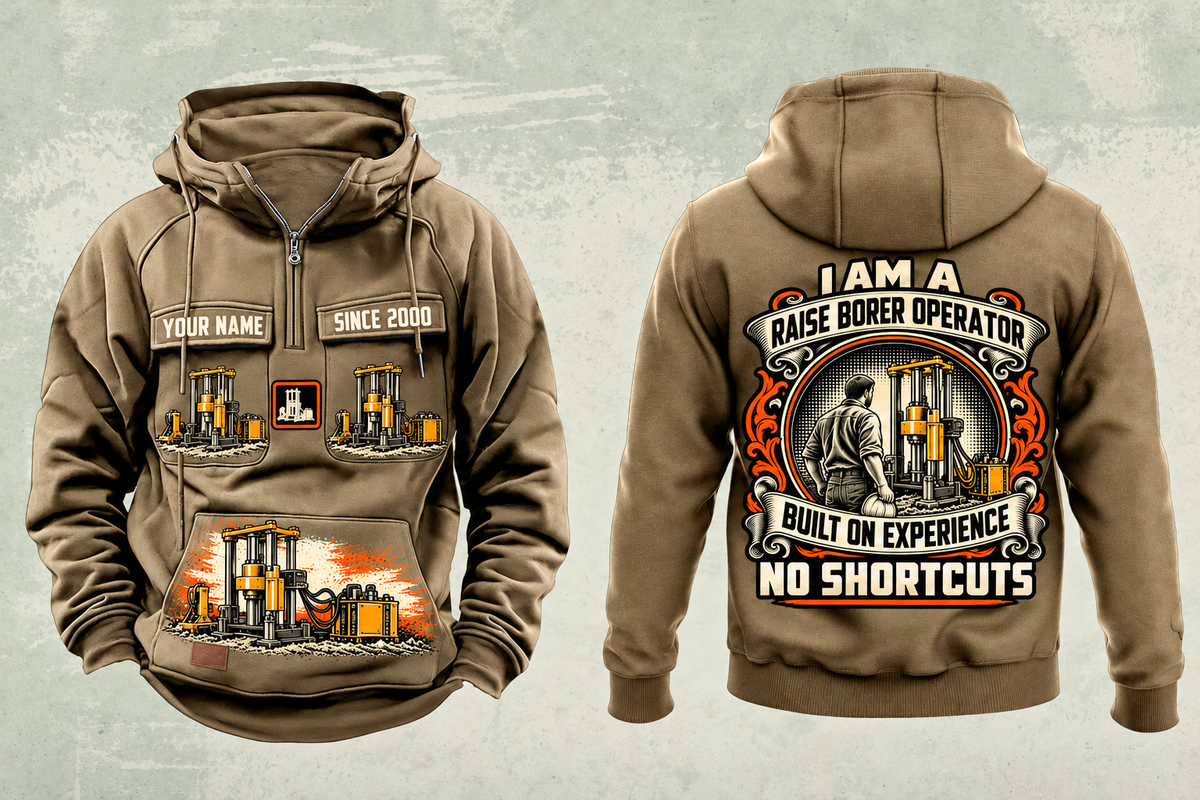 Personalized Robbins 53RH Raise Borer Operator Vintage Hoodie in kaki, front and back artwork with YOUR NAME and SINCE 2000 sample text.