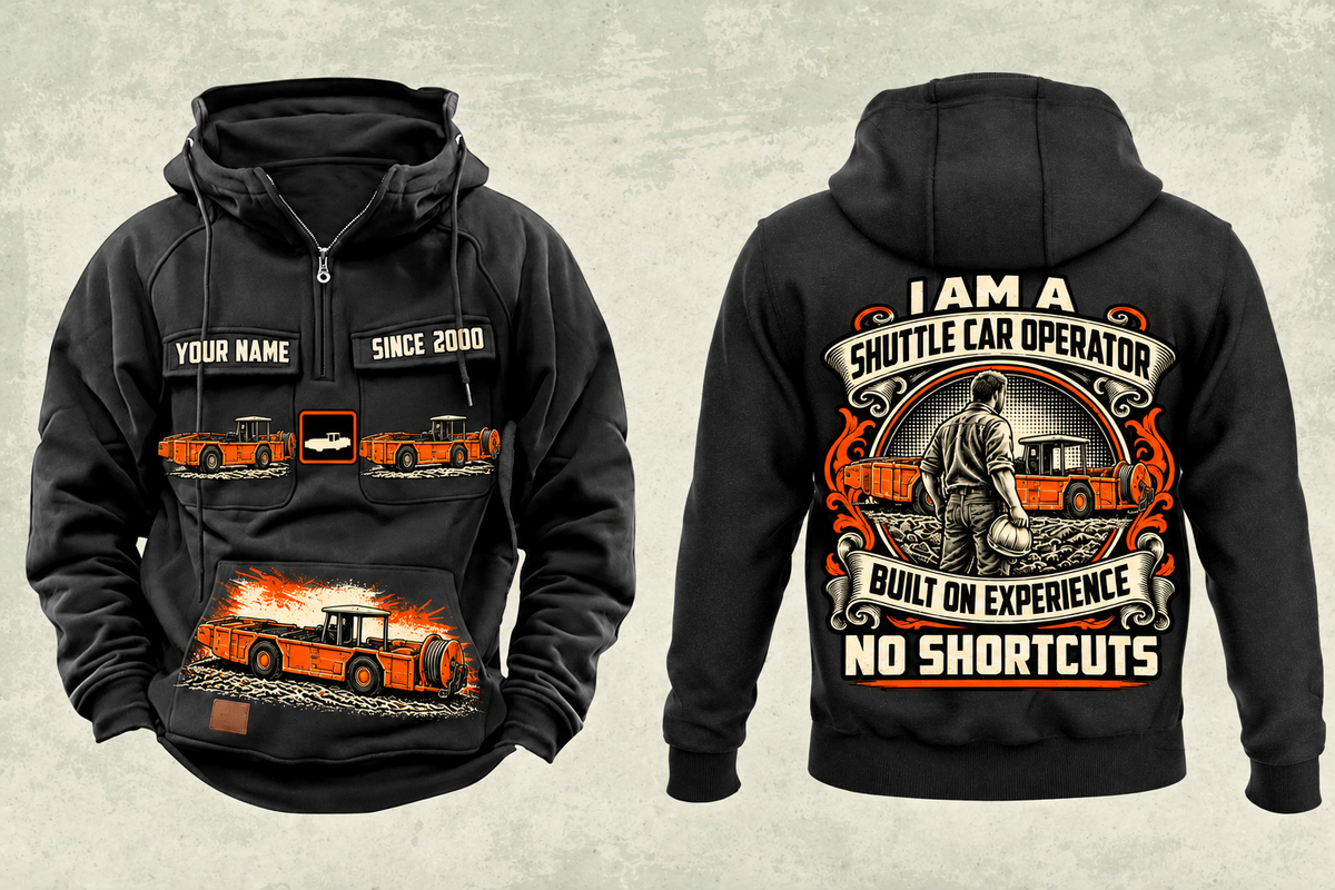 Personalized 10SC32AA Center-Drive Shuttle Car Operator Vintage Hoodie in black, front and back artwork with YOUR NAME and SINCE 2000 sample text.