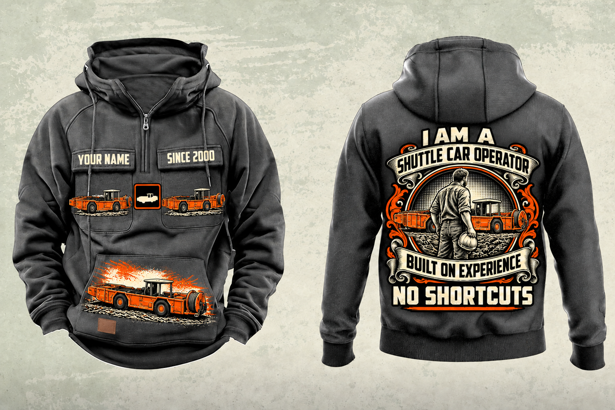 Personalized 10SC32AA Center-Drive Shuttle Car Operator Vintage Hoodie in dark-gray, front and back artwork with YOUR NAME and SINCE 2000 sample text.