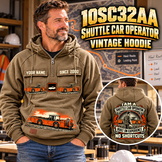 Personalized 10SC32AA Center-Drive Shuttle Car Operator Vintage Hoodie in Kaki, front and back artwork with YOUR NAME and SINCE 2000 sample text.