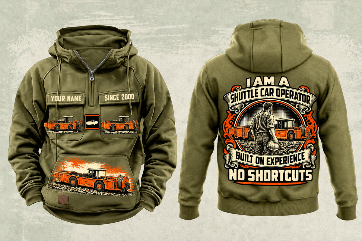 Personalized 10SC32AA Center-Drive Shuttle Car Operator Vintage Hoodie in military-green, front and back artwork with YOUR NAME and SINCE 2000 sample text.