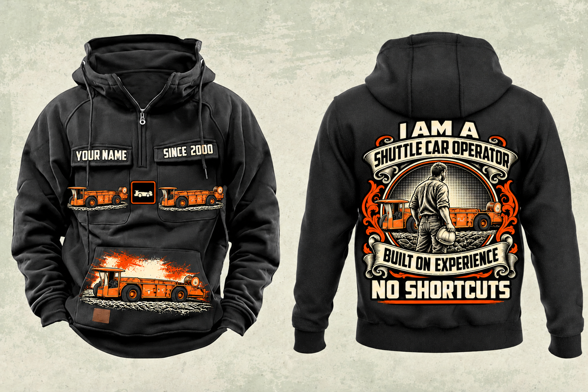 Personalized 10SC32AB End-Drive Shuttle Car Operator Vintage Hoodie in black, front and back artwork with YOUR NAME and SINCE 2000 sample text.