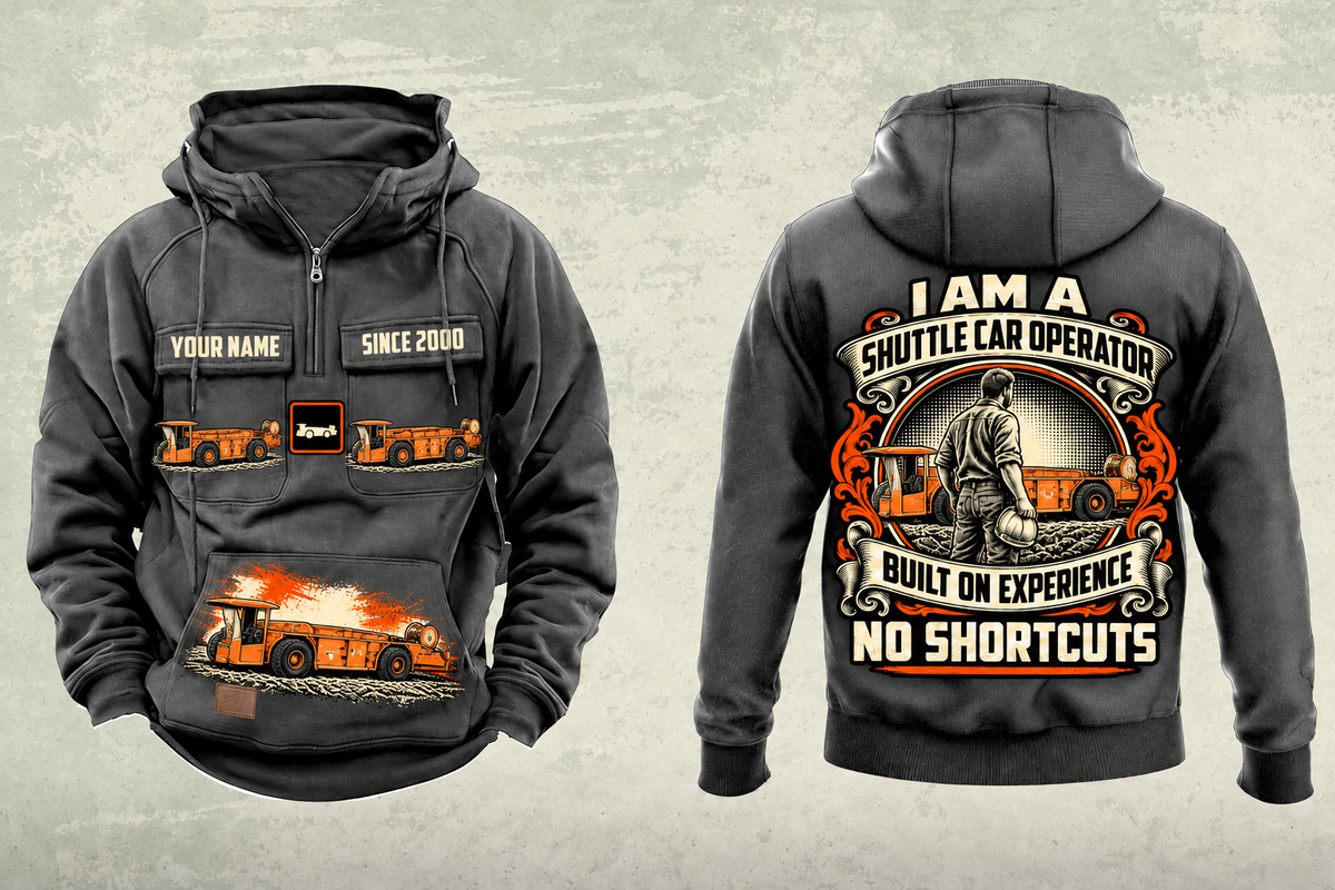 Personalized 10SC32AB End-Drive Shuttle Car Operator Vintage Hoodie in dark-gray, front and back artwork with YOUR NAME and SINCE 2000 sample text.