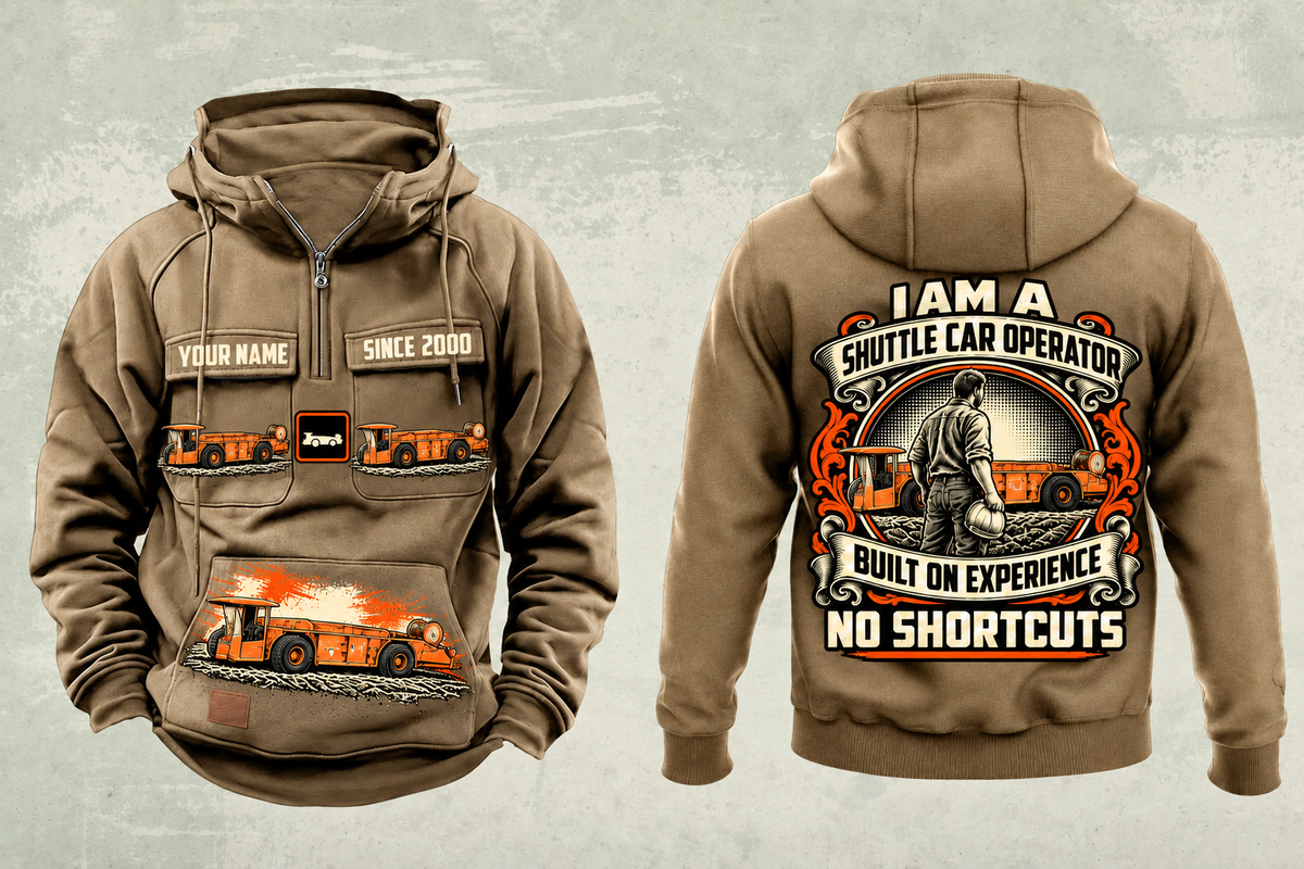 Personalized 10SC32AB End-Drive Shuttle Car Operator Vintage Hoodie in kaki, front and back artwork with YOUR NAME and SINCE 2000 sample text.
