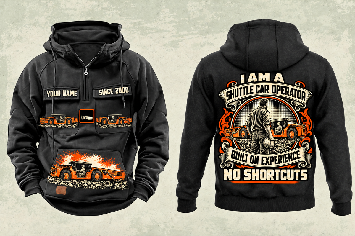 Personalized 21SC04 Low-Seam Shuttle Car Operator Vintage Hoodie in black, front and back artwork with YOUR NAME and SINCE 2000 sample text.