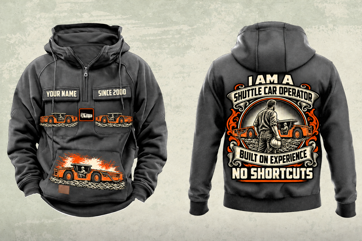 Personalized 21SC04 Low-Seam Shuttle Car Operator Vintage Hoodie in dark-gray, front and back artwork with YOUR NAME and SINCE 2000 sample text.